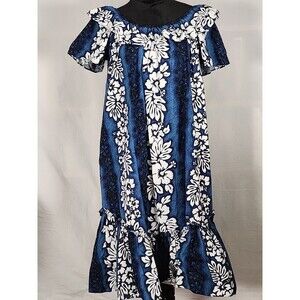Vtg Royal Creations Hawaiian MuuMuu Dress Large Cotton 100% Blue Hibiscus Ruffle